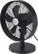 Een zwarte tafelventilator met zichtbare rotorbladen, die op een tafel staat. Een stroomkabel is zichtbaar.