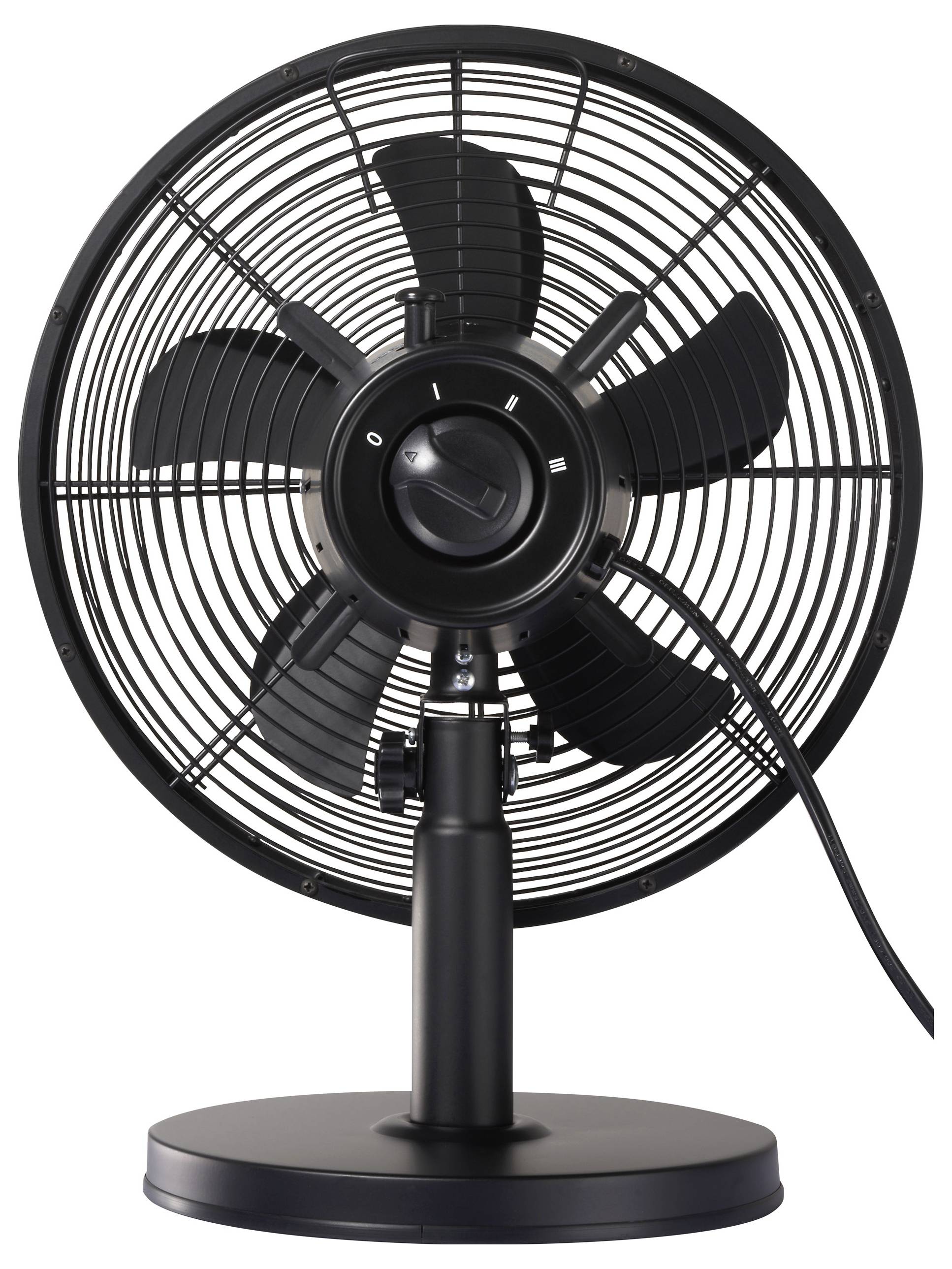 Een zwarte tafelventilator met vijf schoepen en een bedieningsknop aan de voorkant.