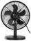 Een zwarte tafelventilator met vijf schoepen en een bedieningsknop aan de voorkant.