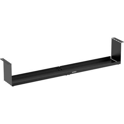 Een horizontale zwarte metalen houder met zijsteunen, geschikt voor bevestiging onder een oppervlak.