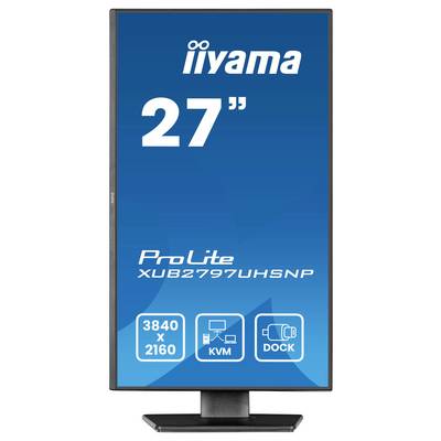 Monitoren in staande stand; tekst bevat 'iiyama', '27"', 'ProLite XUB2797UHSNP', '3840 x 2160', 'KVM' en 'Dock'.