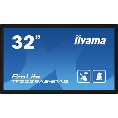 Een blauwe schermweergave toont '32"', 'iiyama', 'ProLite TF3239AS-B1AG', met pictogrammen die aanraakfunctionaliteit en gebruikersinteractie aangeven.