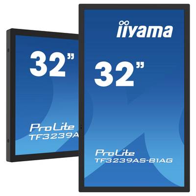 Iiyama's 32-inch ProLite TF3239AS-B1AG-display getoond in landscape- en portretoriëntatie tegen een blauwe achtergrond.