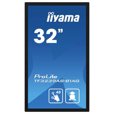 'iiyama 32" ProLite TF3239AS-B1AG' touchscreendisplay met 40 aanraakpunten en een blauwe achtergrond.