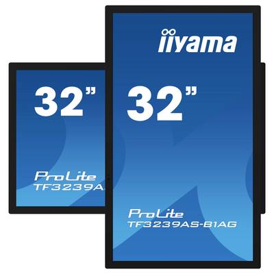 Twee monitoren met een blauw scherm waarop de tekst 'iiyama', '32"' en 'ProLite TF3239AS-B1AG' prominent worden weergegeven.
