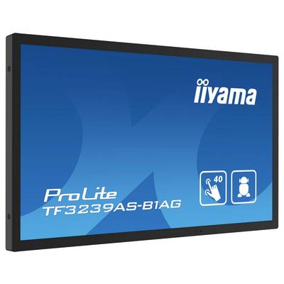 Afbeelding van een iiyama touchscreen met zwarte rand, model 'ProLite TF3239AS-B1AG', met pictogrammen die 40-punts aanraakfunctionaliteit en geïntegreerde speakers aangeven.