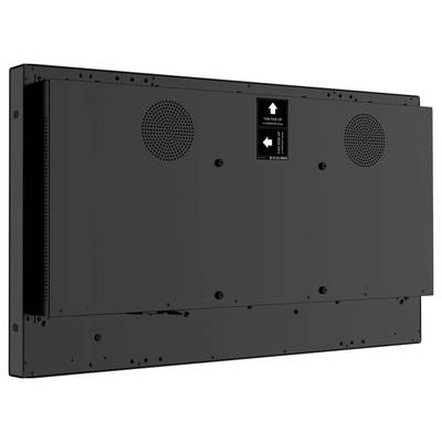De afbeelding toont de achterkant van een flatscreen-monitor met ventilatieopeningen en een pijl die de bovenkant aangeeft.