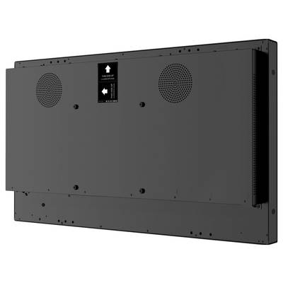 De achteraanzicht van een groot plat paneel met bevestigingsgaten en ventilatoren, voorzien van het label 'Let op: Deze Kant Omhoog' met richtingspijlen.