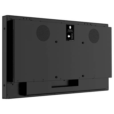 Achterkant van een plat beeldscherm met zichtbare montagegaten en een label met de tekst 'Deze Kant Boven' voor de juiste installatierichting.