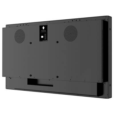Het achterpaneel van een groot zwart elektronisch apparaat met ventilatieopeningen en een label met de aanduiding 'Deze Kant Boven' met pijlen die naar boven wijzen.