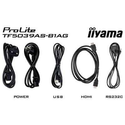 'Kabels meegeleverd bij de ProLite TF5039AS-B1AG: stroomkabel, USB-kabel, HDMI-kabel, RS232C-kabel.'