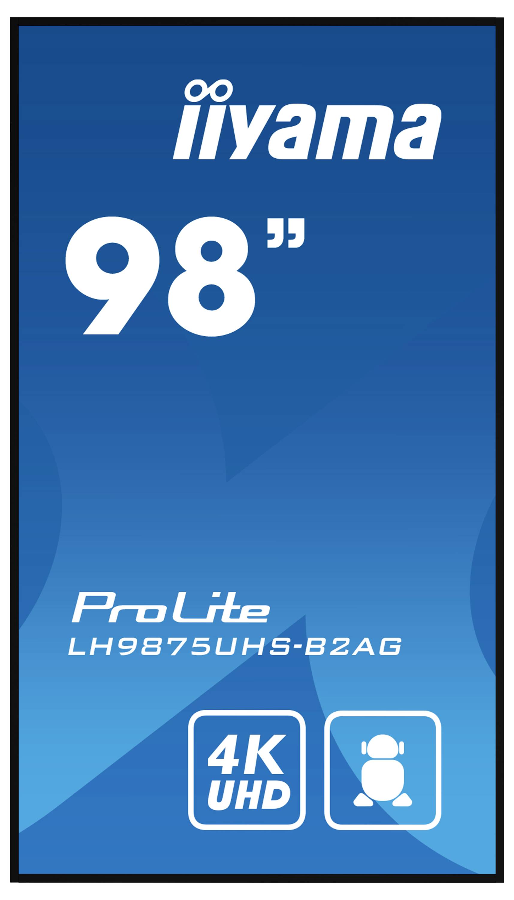 'iiyama 98" ProLite LH9875UHS-B2AG 4K UHD' display-branding op een blauwe achtergrond.