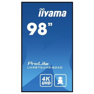 'iiyama 98" ProLite LH9875UHS-B2AG 4K UHD' display-branding op een blauwe achtergrond.