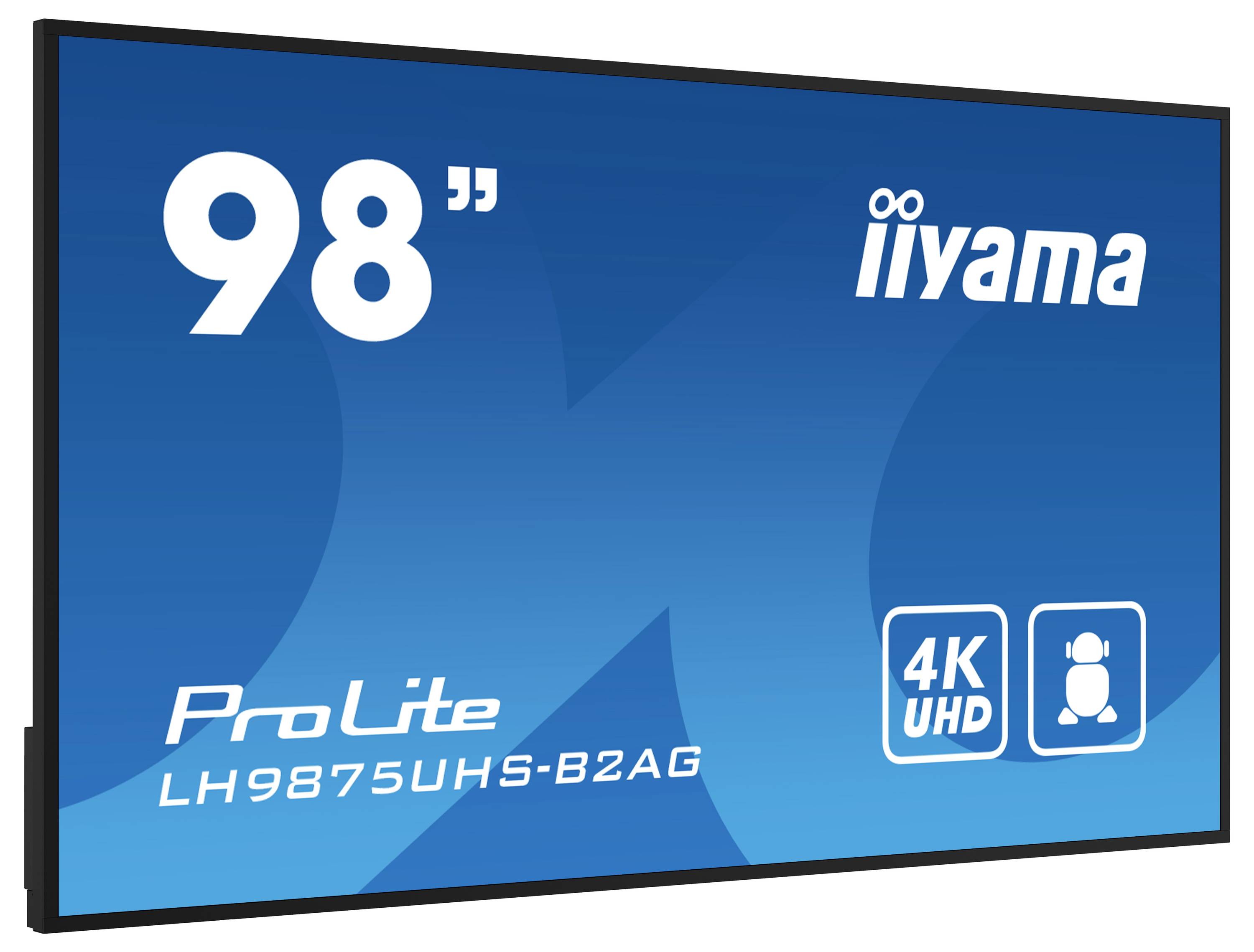 'iiyama ProLite 98" 4K UHD-monitor, model LH9875UHS-B2AG' weergegeven op een blauwe achtergrond.