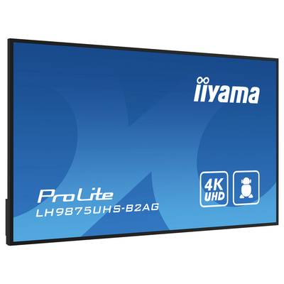 Een blauwe displayscherm met het iiyama-logo, modelnaam 'ProLite LH9875UHS-B2AG', en '4K UHD' met een pictogram, waarbij de specificaties worden benadrukt.