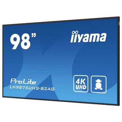 'ProLite 98" 4K UHD-monitor van iiyama, model LH9875UHS-B2AG. Kenmerken: groot scherm, hoge resolutie geschikt voor professionele weergave.'