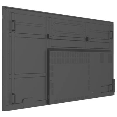 Een groot, plat, rechthoekig elektronisch apparaat achterpaneel met ventilatieroosters, bevestigingsbeugels en een centraal toegangspaneel voor componenten.