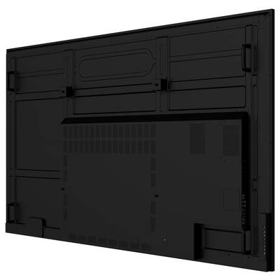Achteraanzicht van een groot flatscreen tv-scherm met verluchtingssleuven en bevestigingsbeugels.