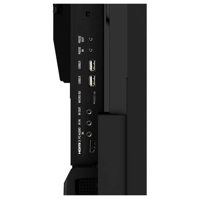Zijaanzicht van een monitor waarop poorten te zien zijn: twee HDMI-aansluitingen, twee USB-poorten, één koptelefoonaansluiting en één SD-kaartslot, waarbij de connectiviteitsopties worden geaccentueerd.