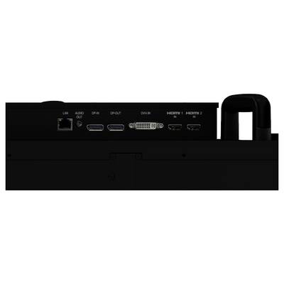 'Achteraanzicht van een apparaat met LAN-, audio out-, DVI- en HDMI 1/2-poorten, met connectiviteitsopties voor netwerken en audio-/video-invoer.'