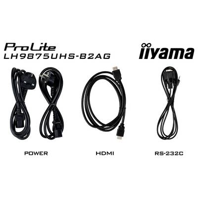 'ProLite LH9875UHS-B2AG' monitor kabels: voeding, HDMI en RS-232C, weergegeven voor connectiviteitsopties. Gemerkt als 'iiyama'.