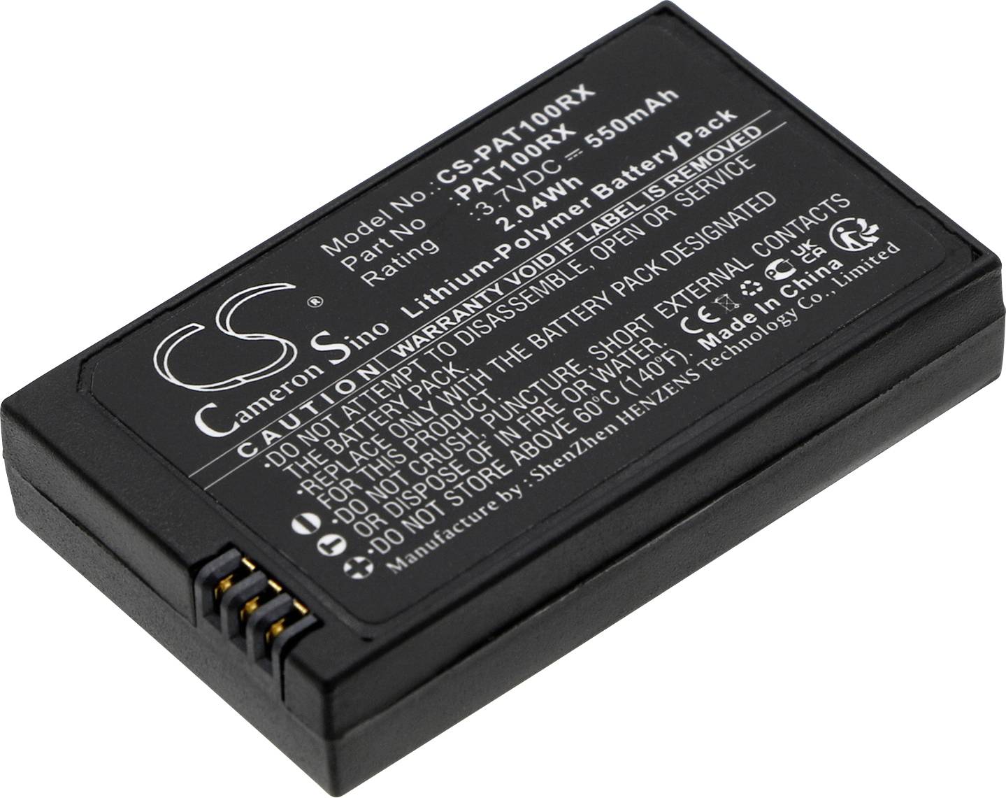 'Lithium-polymeer batterij, model CS-PAT100RX, 3,7V, 950mAh, vervaardigd door Cameron Sino, geschikt voor medische apparatuur.'