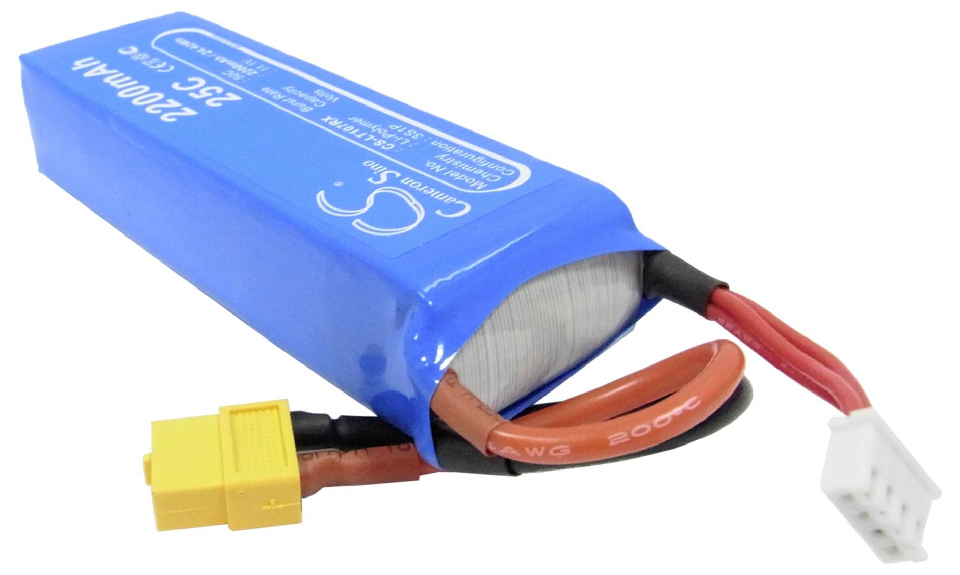 Een blauwe lithium-polymeer accu met een gele aansluiting en meerdere kabels.