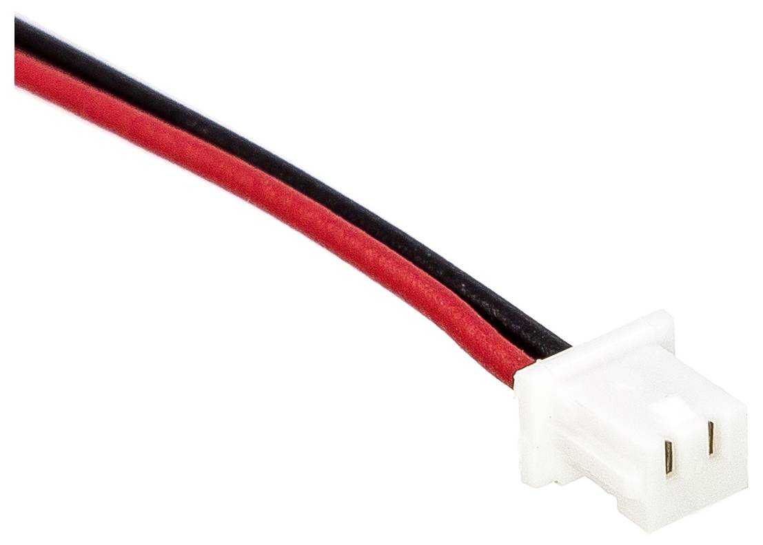 Een witte stekker met twee draden, rood en zwart, die naar links lopen. Elektronische verbindingscomponent.