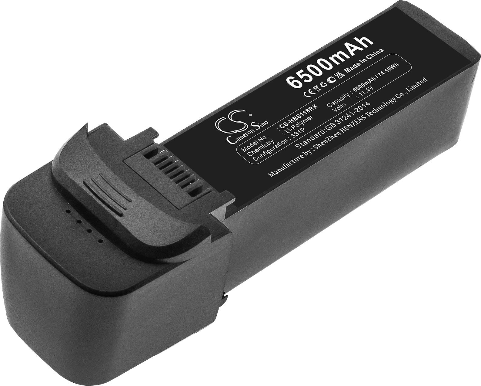 Zwarte lithium-ion accu met opschrift '6500mAh, Made in China', geschikt voor draagbare apparaten.