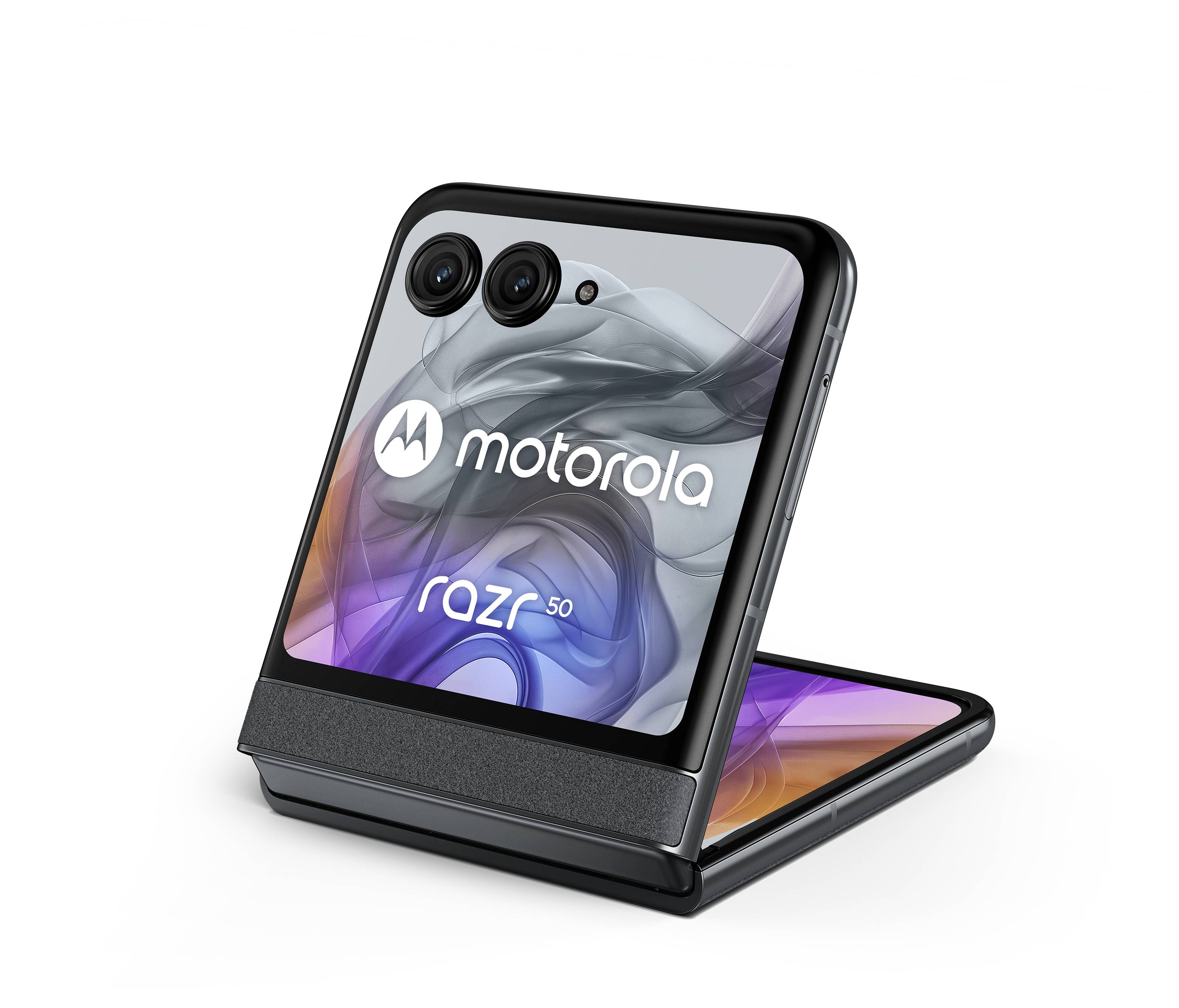 Een opengevouwen opvouwbare smartphone met twee cameralezes en de tekst 'motorola razr 50' op het buitendisplay.