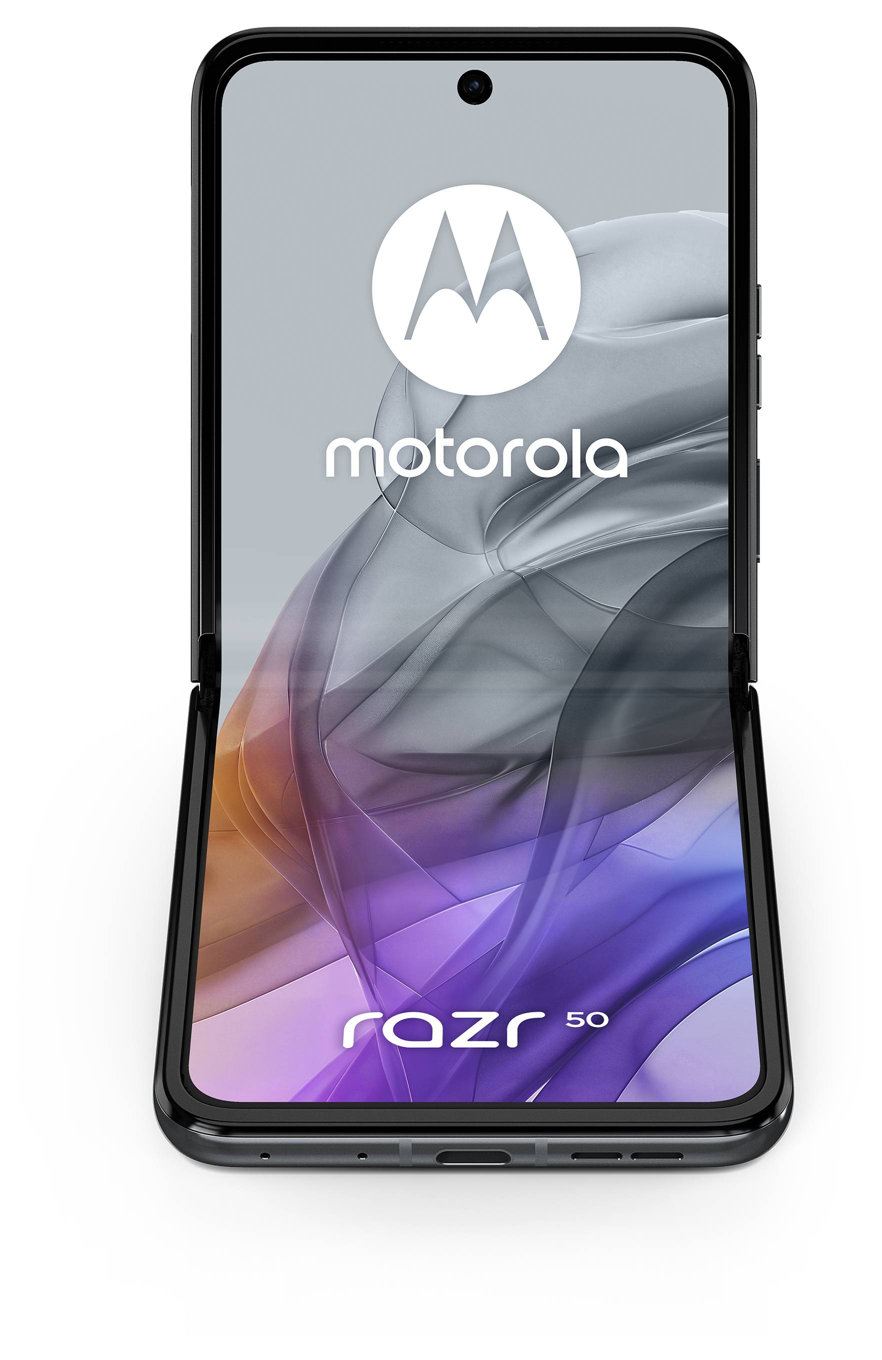 Een zwarte Motorola razr 50 smartphone met een half opengevouwen klapscherm toont het Motorola-logo en schitterende kleuren op het scherm.