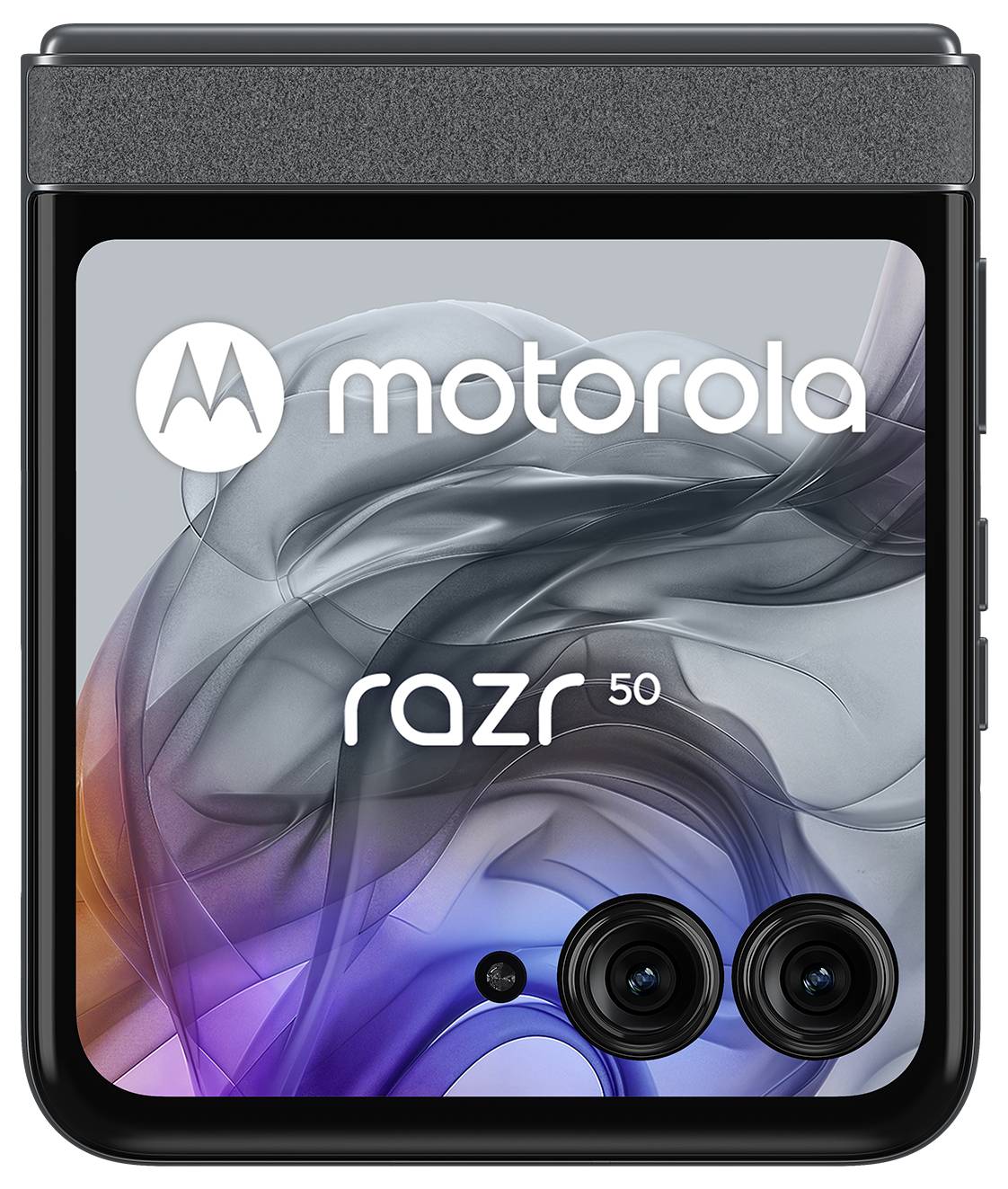 Een smartphone met vouwmechanisme, toont het Motorola-logo en 'razr 50' met twee cameralenzen op een glanzende achtergrond.