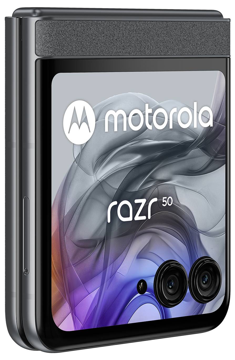 Opvouwbare smartphone van Motorola, model 'razr 50', met twee cameraleentjes aan de buitenkant en een afgerond design.