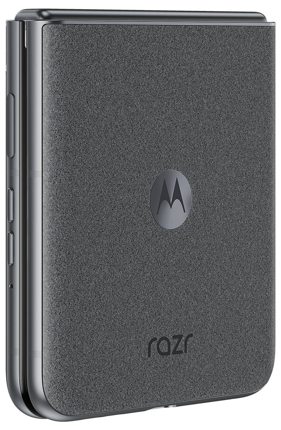 Opvouwbare smartphone met grijze behuizing, Motorola-logo in het midden, zijaanzicht toont zijtoetsen.