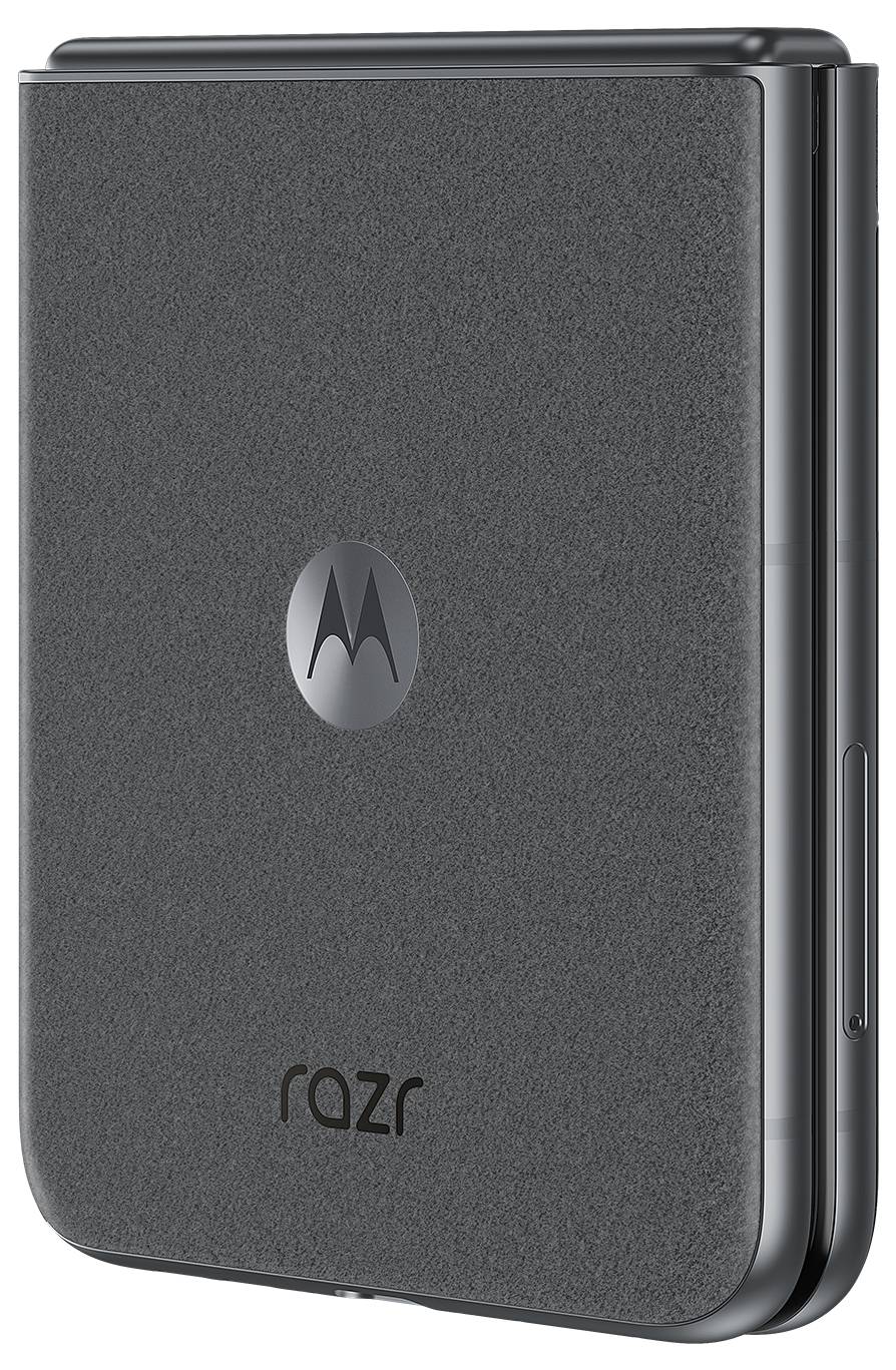 Ingeklapt vouwbaar smartphone met grijze achterkant. Logo en tekst 'razr' zichtbaar.