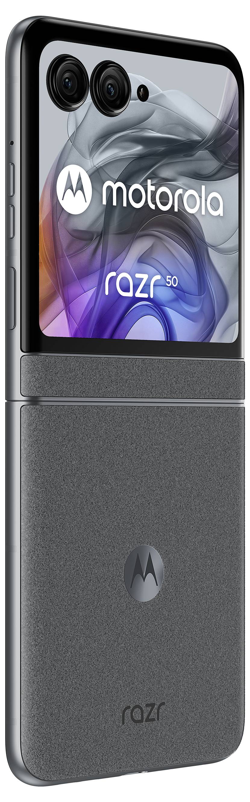 Opvouwbare smartphone van Motorola, Model Razr 5G, toont het logo en camera aan de voorkant. Donker, modern design.