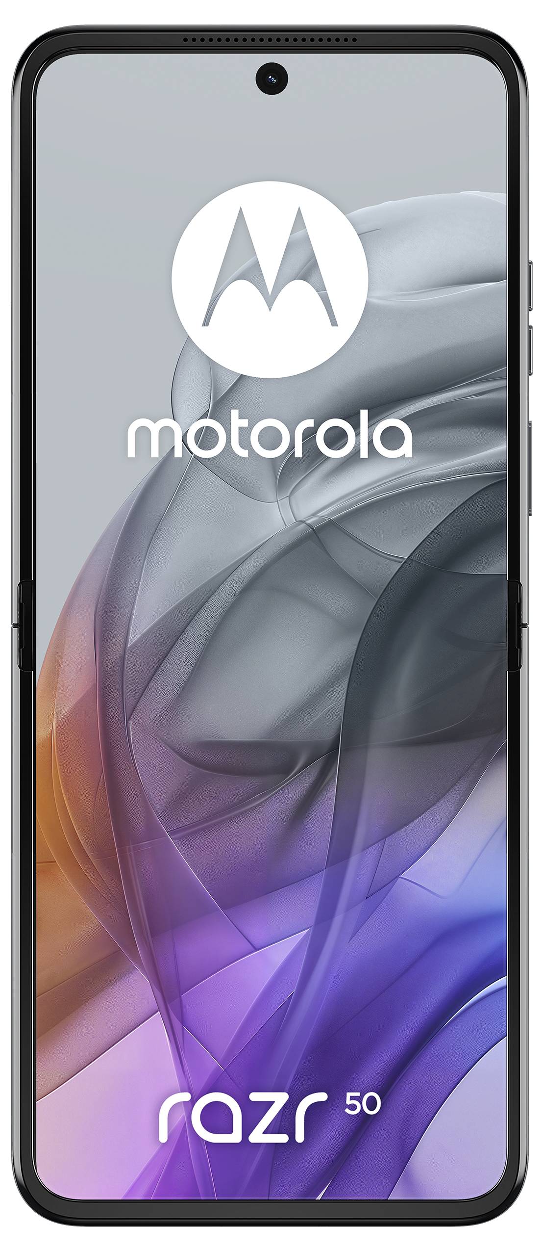 De afbeelding toont een Motorola Razr 50 smartphone met een kleurrijke abstracte achtergrond en het 'motorola' logo op het scherm.