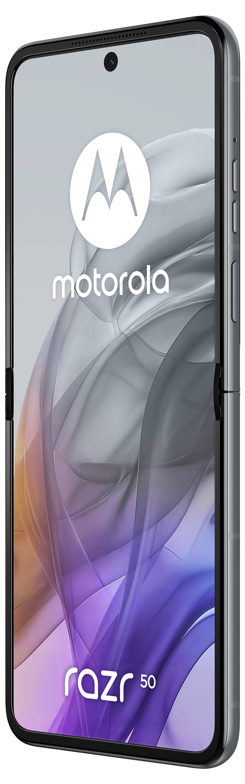Het beeld toont een Motorola Razr 50 smartphone met een half opengeklapte scherm. Het Motorola-logo is zichtbaar op het display.