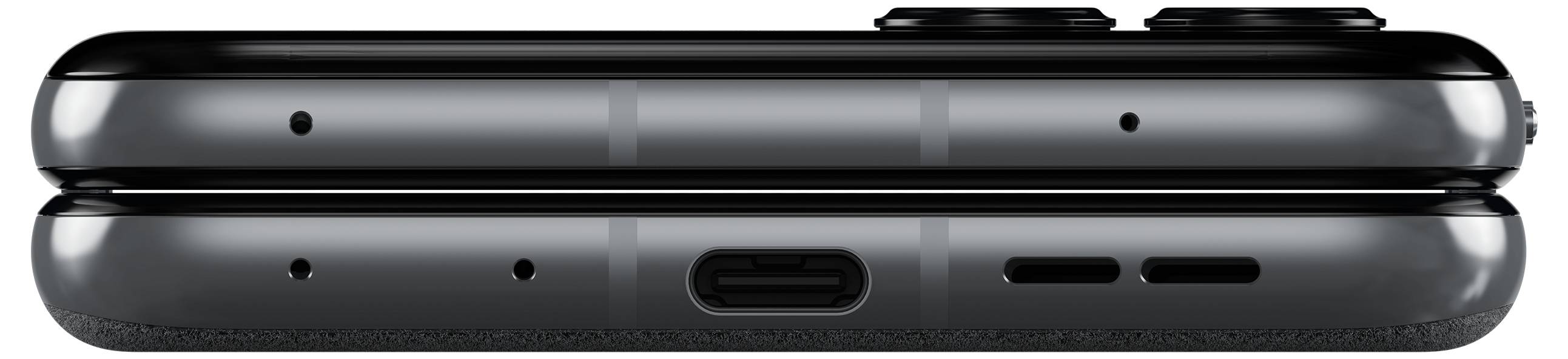 De zijaanzicht van een gevouwen zwarte smartphone toont de onderkant met USB-C-aansluiting, luidsprekers en microfoons.