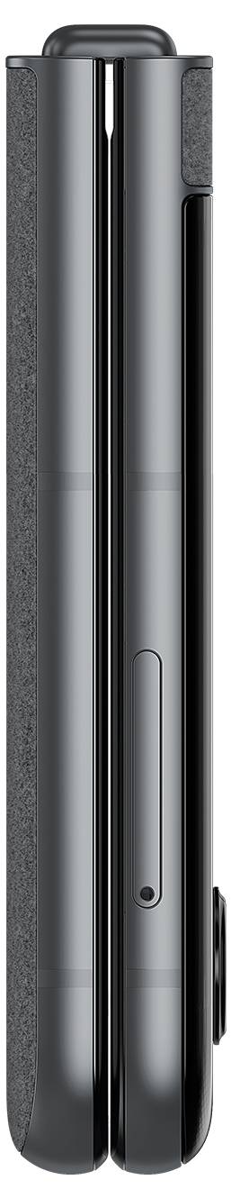 Een opgevouwen zwarte smartphone met glanzend oppervlak en zijknop, verticaal weergegeven.