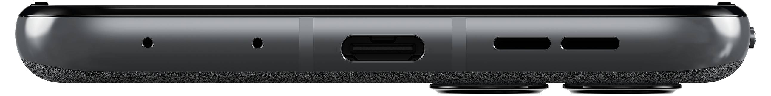 Aanzicht van de onderzijde van een smartphone met USB-C-aansluiting, microfoon- en luidsprekergaten. Zwarte behuizing.