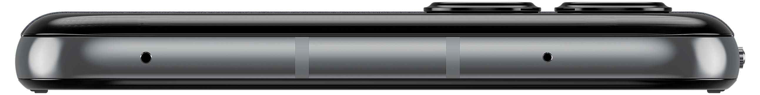 Bovenkant van een zwarte smartphone met cameraleenzen en microfoonopeningen.