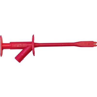 Rood elektrisch meettoestel met geïsoleerde handgreep, dat wordt gebruikt voor veilige spanningsmetingen. Geschikt voor hoge spanningen tot 1000 V.