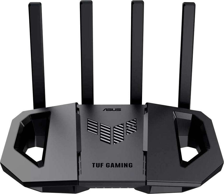 Zwarte gaming-router met vier antennes, gemarkeerd met 'ASUS' en 'TUF GAMING', geoptimaliseerd voor hoge netwerksnelheid en stabiliteit.