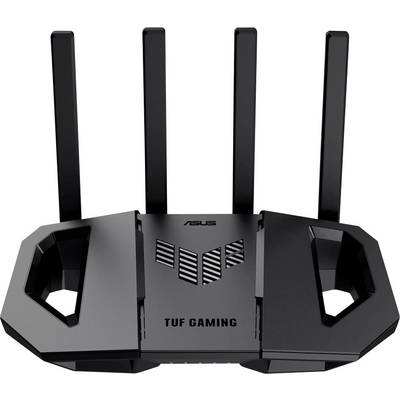 Zwarte gaming-router met vier antennes, gemarkeerd met 'ASUS' en 'TUF GAMING', geoptimaliseerd voor hoge netwerksnelheid en stabiliteit.