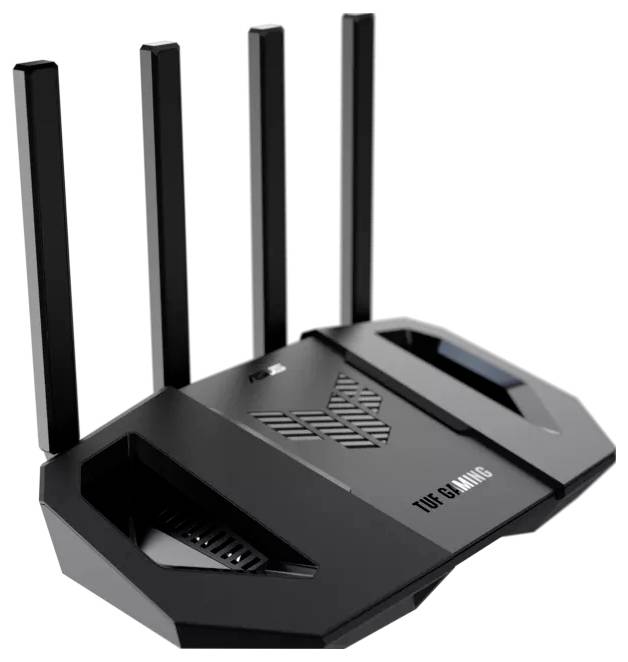 Een zwarte WLAN-router met vier antennes die verticaal omhoog steken. Aan de zijkant staat 'TUF GAMING' gedrukt.