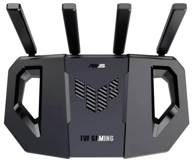 Zwarte gaming-router met vier antennes, gemarkeerd met 'TUF Gaming' en een geometrisch patroon in het midden.