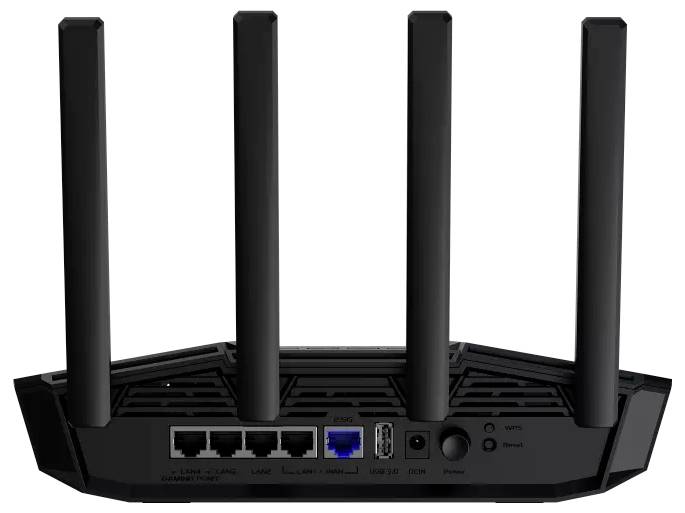 Netwerk-router aan de achterkant met vier antennes, vier LAN-poorten, een WAN-poort, een USB-aansluiting, netschakelaar en stroomaansluiting.