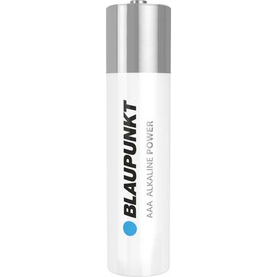 AAA-batterij met opschrift 'BLAUPUNKT AAA ALKALINE POWER' in blauwe en zwarte tekst, rechtop staand.