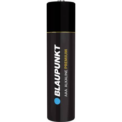 Een zwarte AAA-batterij met de tekst 'BLAUPUNKT AAA ALKALINE PREMIUM' en een blauw puntlogo erop.
